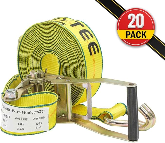 Mytee Products 20 Pack 2" x 27' Ratchet Straps with Wire Hooks 10,000 lbs Breaking Strength - Heavy Duty Cargo Tie Down Straps for Truck, Trailers, Moving Appliances, Motorcycles & Flatbed Loads