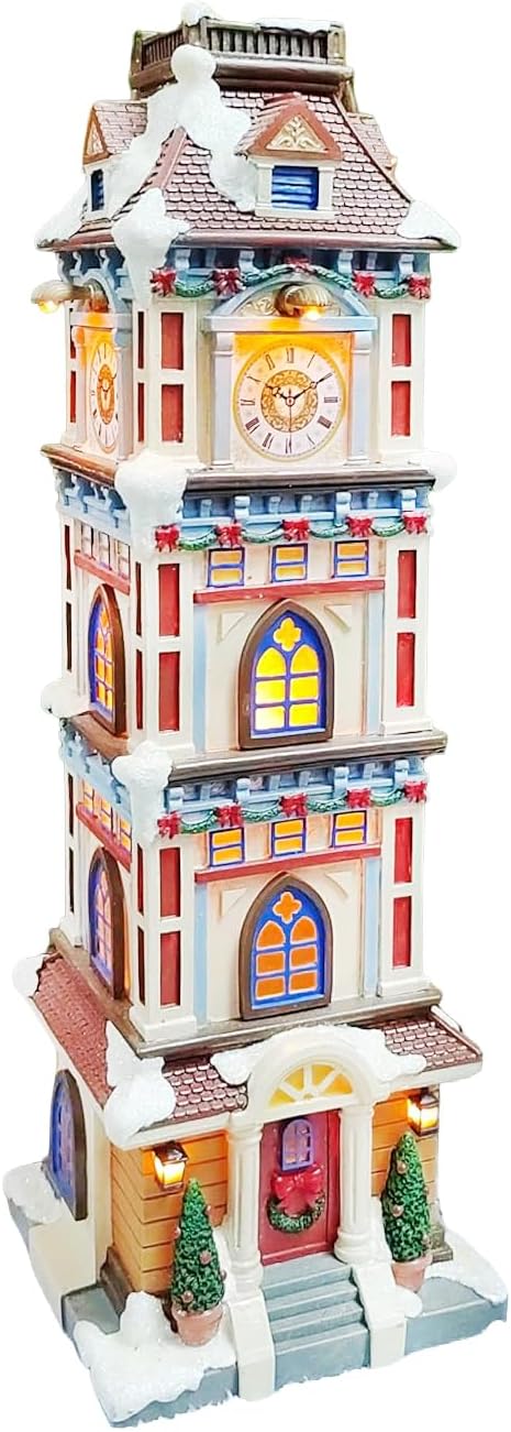 MOMENTS IN TIME Lighted Christmas Clock Tower 14.5” LED Hand-Painted Polyresin