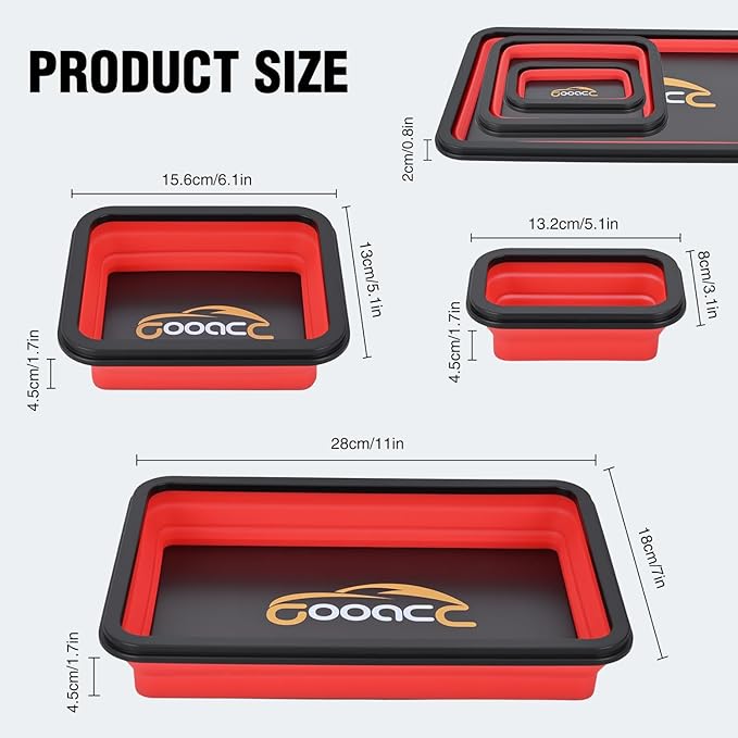 GOOACC 3 Sizes Collapsible Magnetic Parts Tray Set Red Silicone Foldable Tool Trays Organizer for Screws Bolts Nuts Pins Washers and Other Small Metal Parts Double Sided Magnet Base