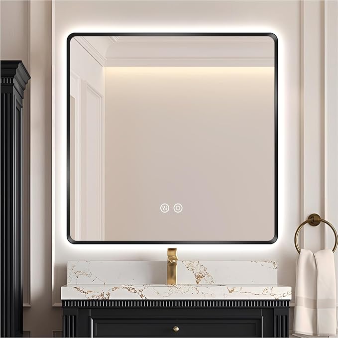 36" x 36" Black LED Bathroom Mirror with Lights, Lighted Vanity Mirror with Anti-Fog, 3-Color Stepless Dimmable, Memory, Shatterproof, UL-Listed, Wall Backlit Mirror