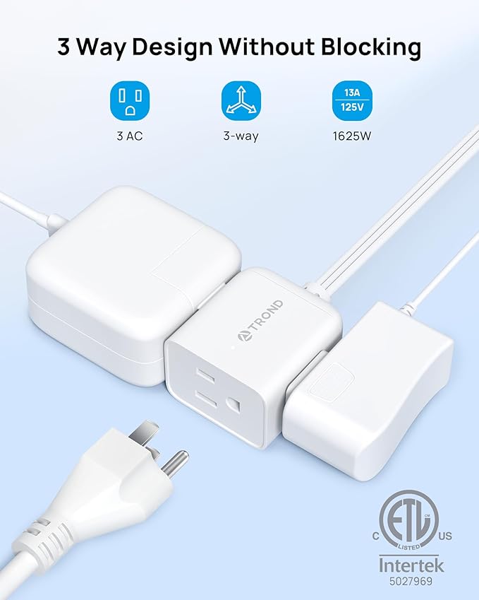 TROND Short Flat Extension Cord 3ft - Right Angled Flat Plug Power Strip, ETL Listed, 3 Plug Extension Outlets, Three Prong, 16 Gauge Wire, 13A, Small for Indoor Home Office Cruise Ship Travel, White