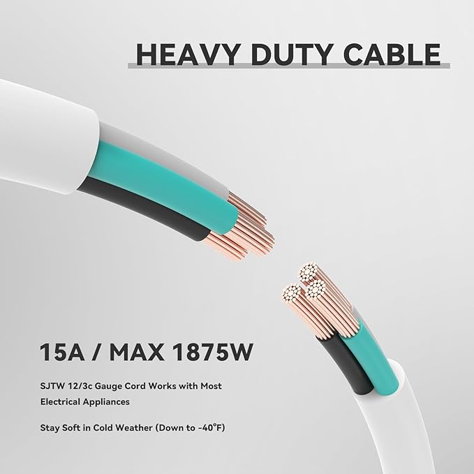 50 ft Heavy Duty Extension Cord - 12/3 SJTW 15 AMP Indoor Power Cord with 3 Prong Grounded Plug for Lawn Mower, Appliances, Workshop, Christmas Lights Water Resistant Flexible Cable White.
