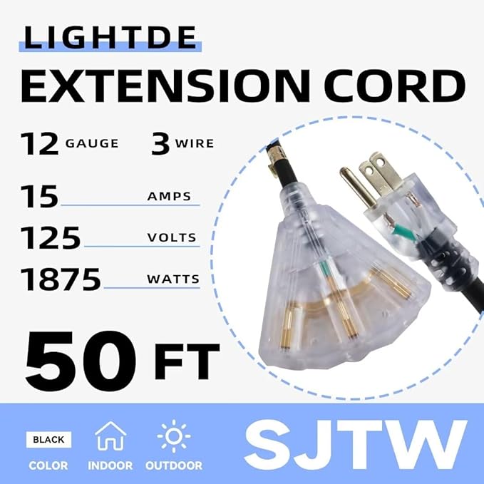 50 Ft Lighted Outdoor Extension Cord with 3 Electrical Power Outlets - 12/3 SJTW Heavy Duty Black Extension Cable with 3 Prong Grounded Plug for Safety, UL Listed