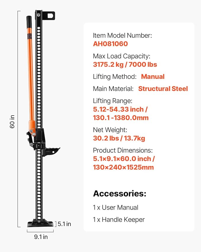 VEVOR Farm Jack 60inch, 7000 lbs Capacity Ratcheting Off Road Jeep Jack for Tractor, Truck, SUV, Bumper Lift, Orange