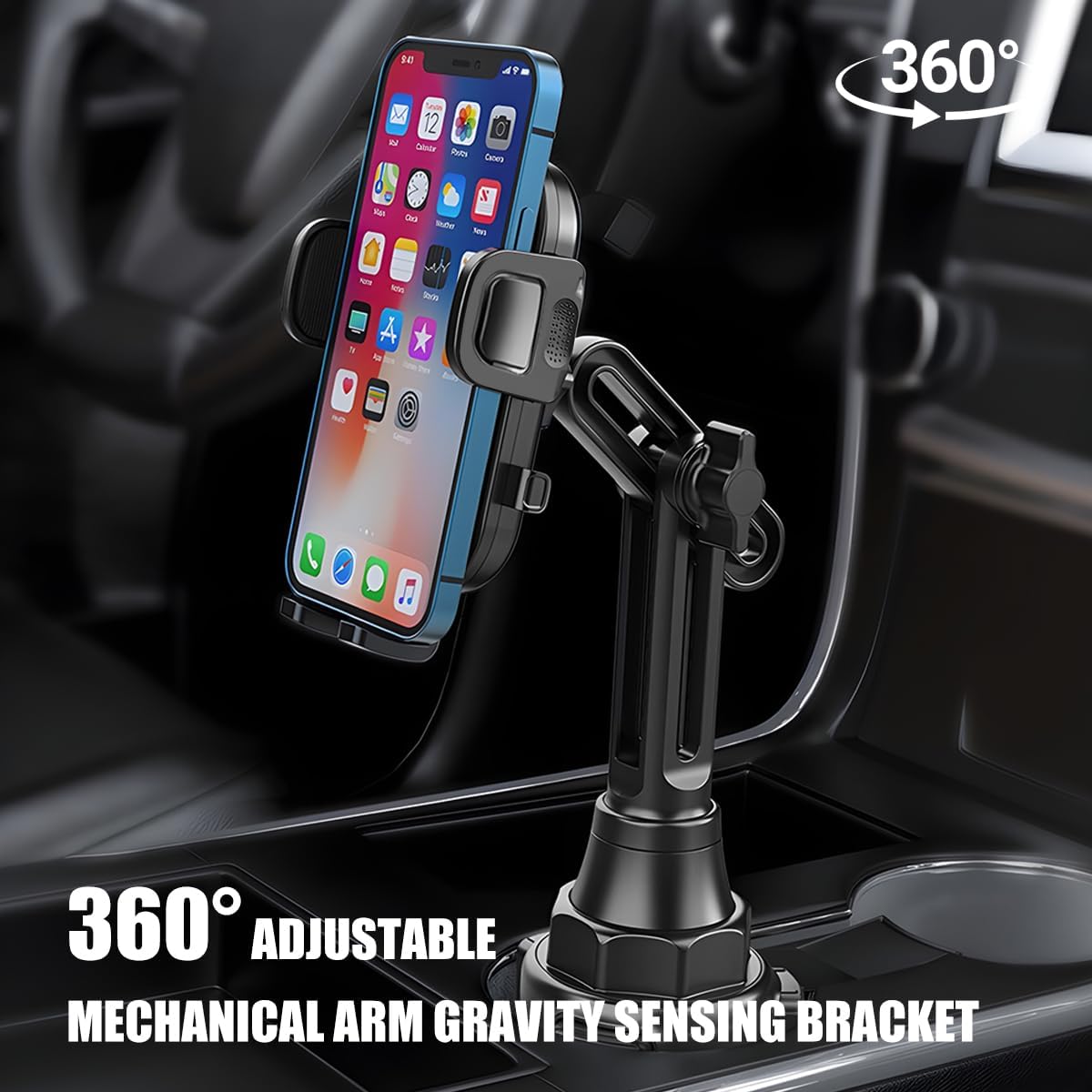 Car Cup Phone Holder, 360° Rotation with Long & Adjustable Neck