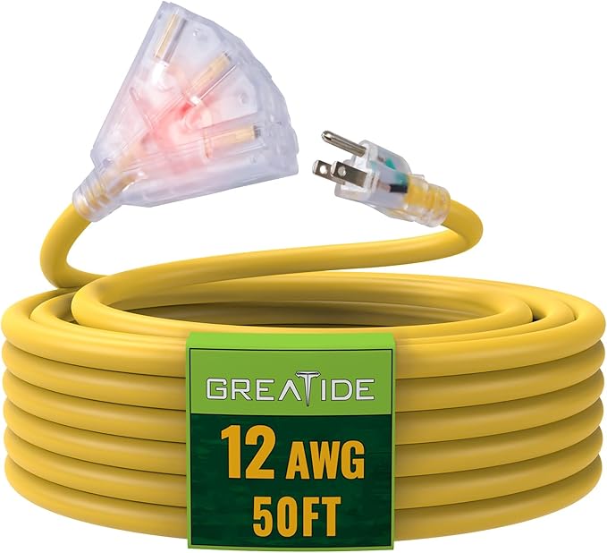 50 Ft Lighted Outdoor Extension Cord with 3 Electrical Power Outlets - 12/3 SJTW Heavy Duty Yellow Extension Cable with 3 Prong Grounded Plug for Safety, UL Listed
