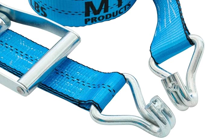 Mytee Products (4 Pack 2 Inch x 27 FT Blue Ratchet Strap with J Hooks - 10,000 Lbs Breaking Strength - Heavy Duty Tie Down Cargo Truck Straps with Wire Hooks for Flatbed, Truck, Trailers Pickup