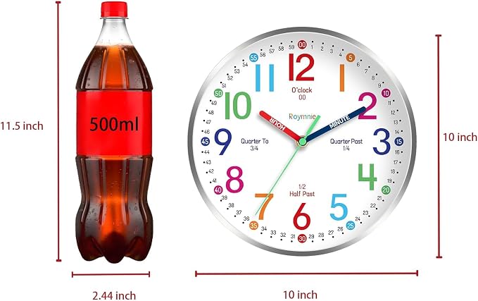 Roymnie Wall Clock for Kids Learning Easily Kids Teaching Clock Silent Non