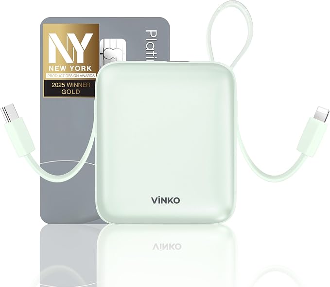 VINKO Small Portable Charger, 22.5W Fast Charging Mini Power Bank 10000mAh with Built-in Cables LED Display, Travel Essential USB-C Battery Pack Compatible with iPhone,Samsung,Android (Green)