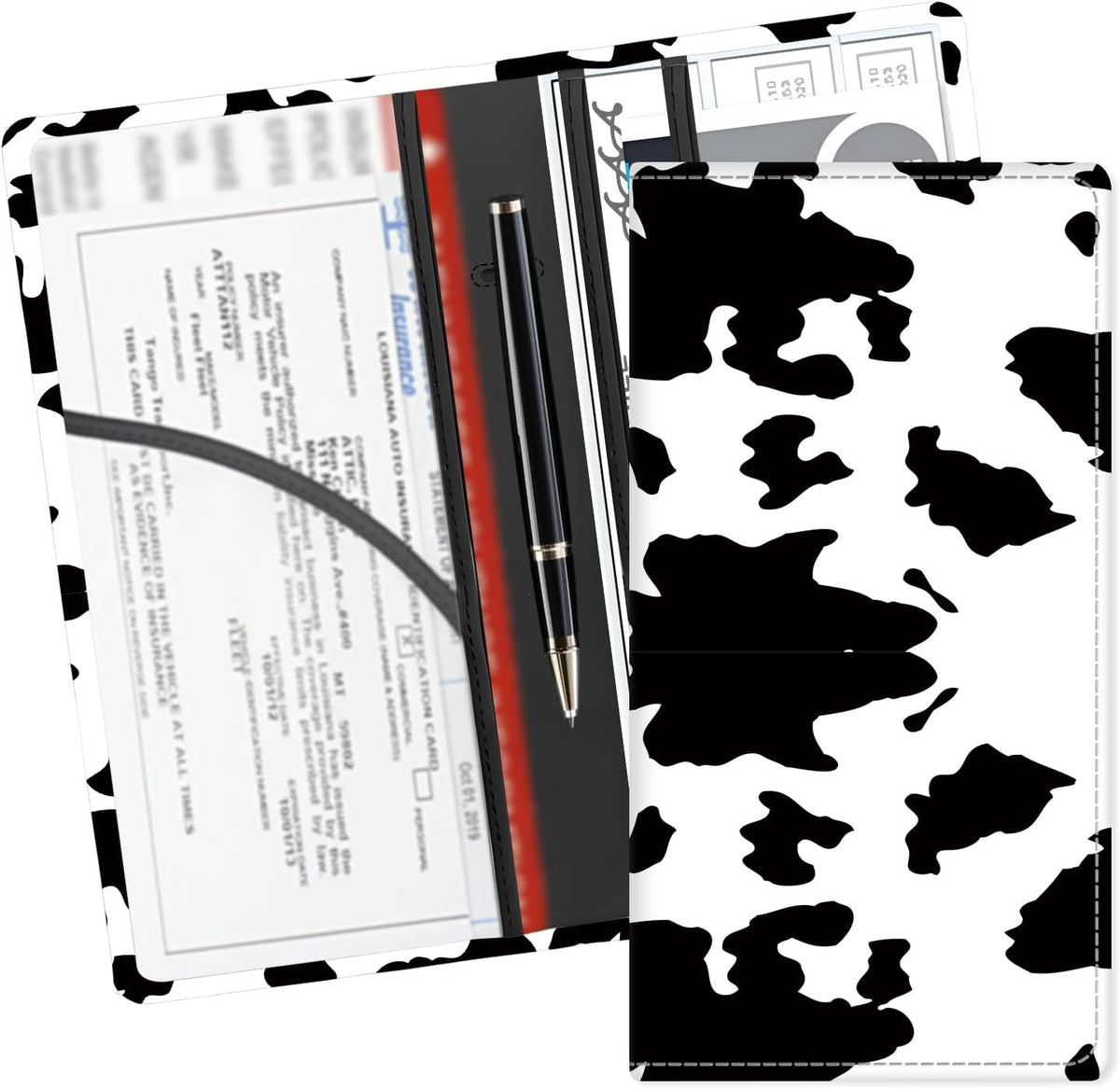 Leather Car Registration and Insurance Card Holder, Cute Car Accessories Vehicle Glove Box Car Organizer for Documents, Cards, License Black White Dinosaur