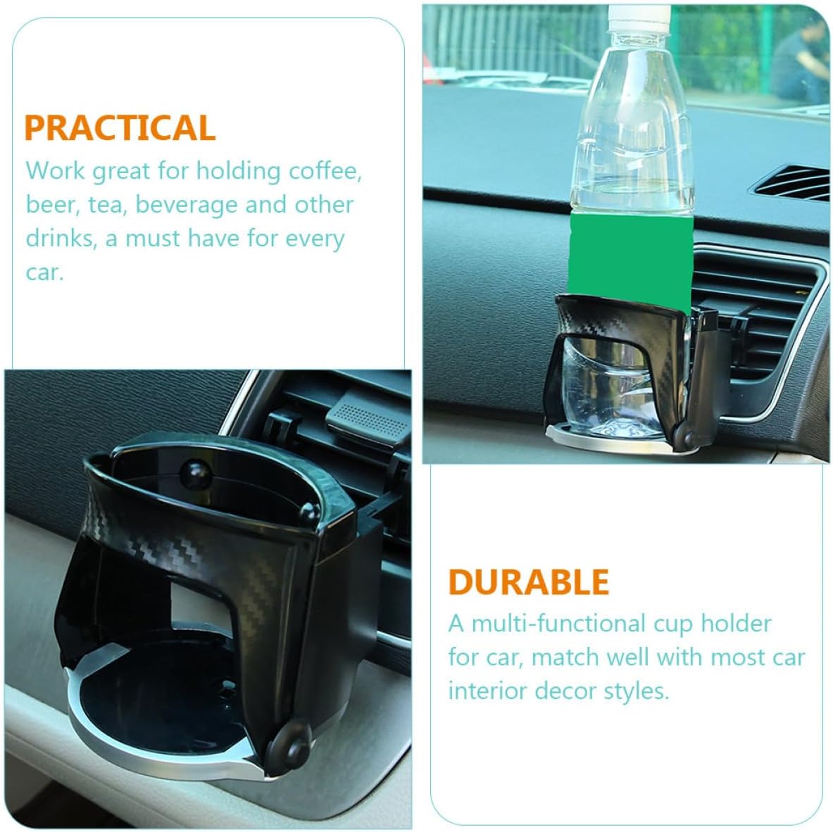 Car Air Vent Cup Holder with Carbon Fiber Finish, Multi-Functional Drink Holder Mount for Water Bottles and Phones, Clip-On Car Accessory for Vehicle Interior Organization