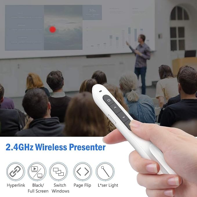 DinoFire White Wireless Presenter, Volume Control Presentation Clicker