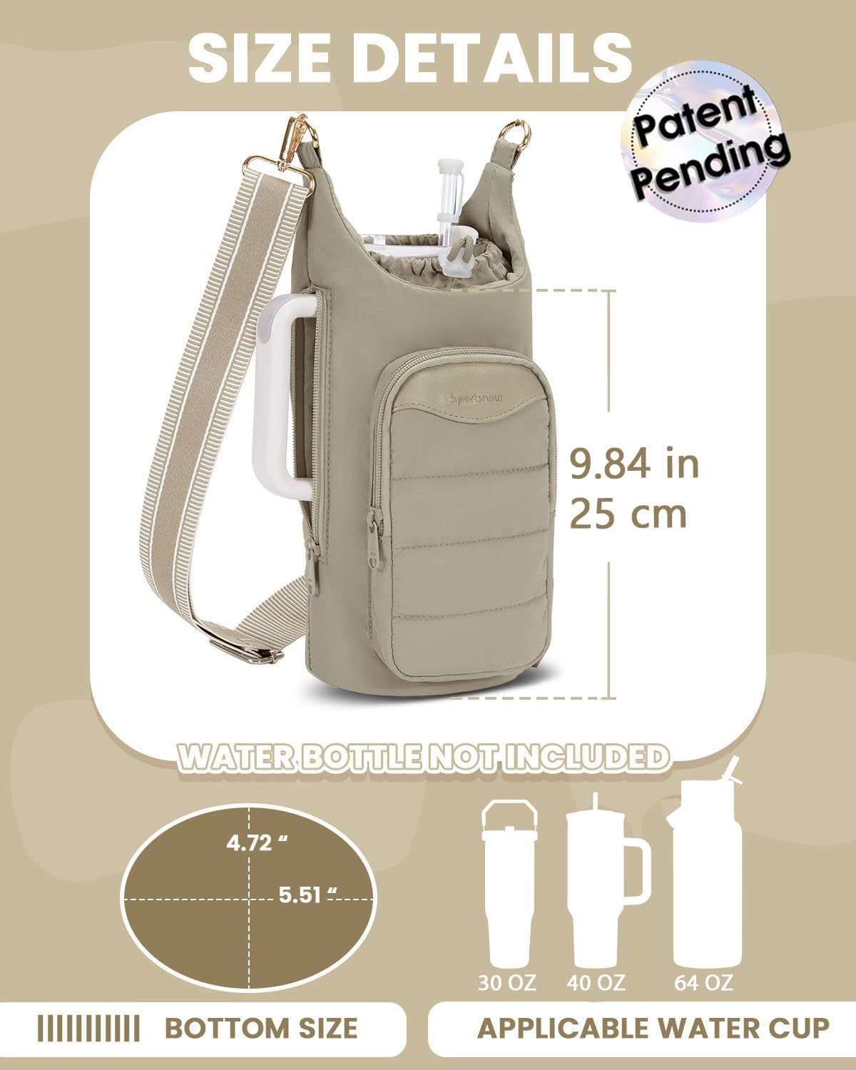 Sportsnew Water Bottle Holder - 30oz/40oz Tumbler Carrier Bag with Phone Pocket & RFID Protection