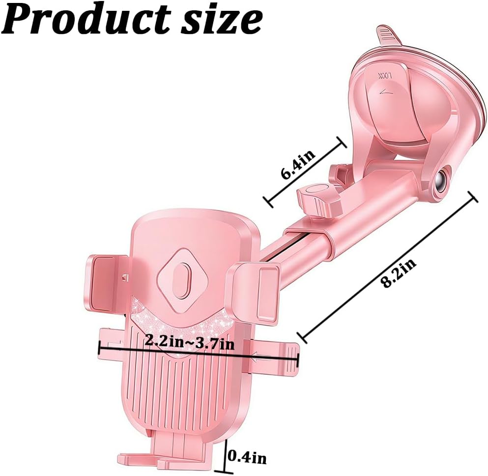 Car Phone Holder, 360° Rotatable Strong Suction Cup Dash Windshield Mobile Phone Mount, Hands-Free Auto Dashboard Cellphone Stand, Universal for Most Smartphones (Pink)