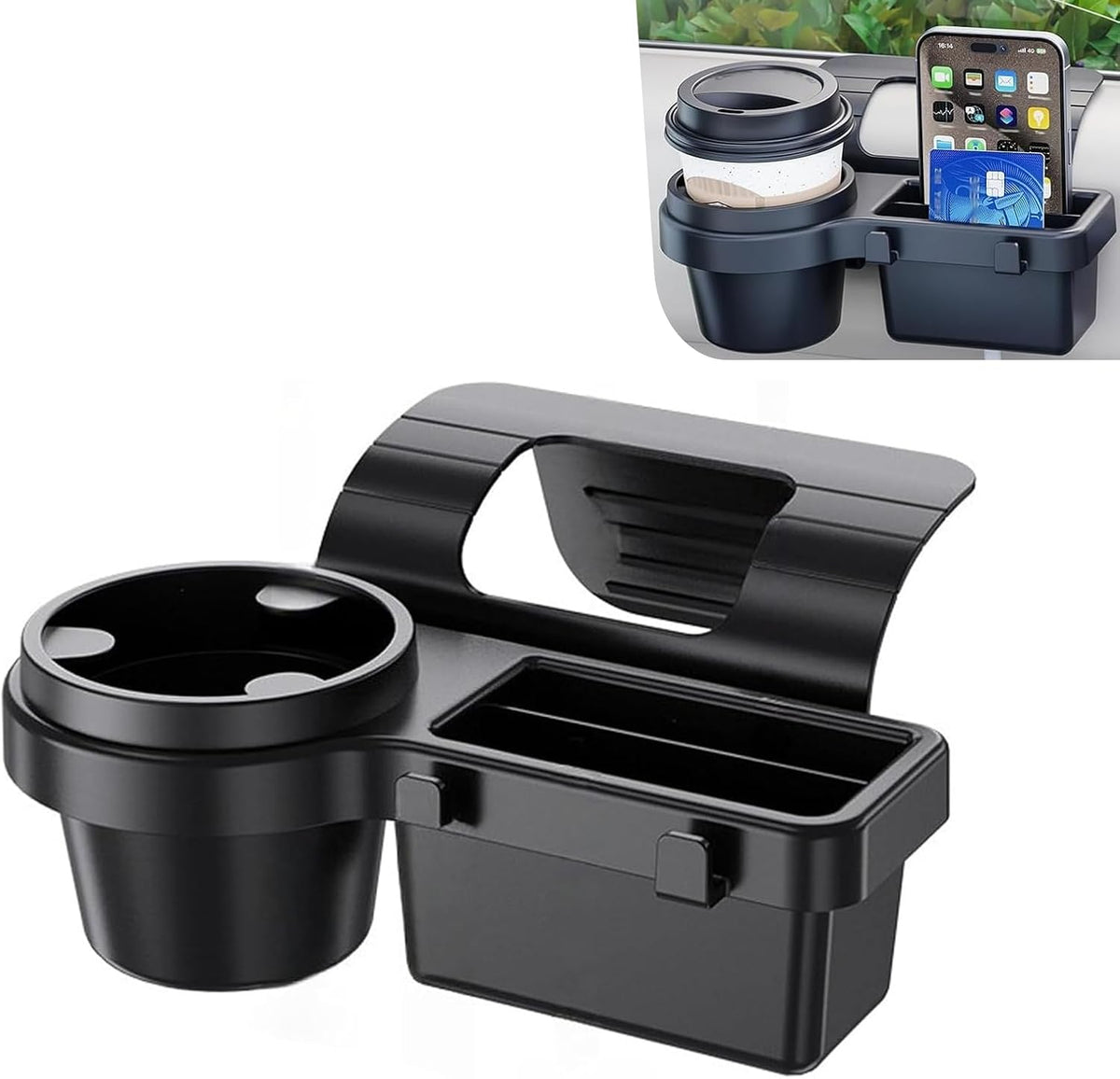 1 PC Car Door Window Cup Holder, Multifunctional 4-in-1 Insert Hanging Box/Phone Mount, ABS Clip-on Coin Storage Organizer, Universal for Most Cars, Trucks, SUVs (Black #B)