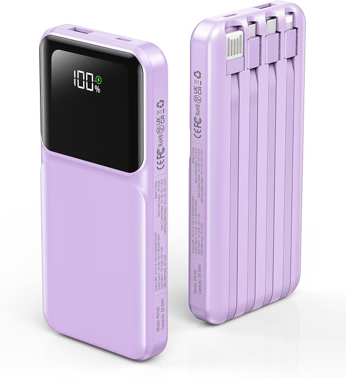 RONEGN Portable Charger with Built in Cable - Power Bank Fast Charging USB C LED Display 10000mah Battery Pack 5 Outputs & 3 Inputs for Travel Essentials iPhone Samsung Android Phones Tablets Purple