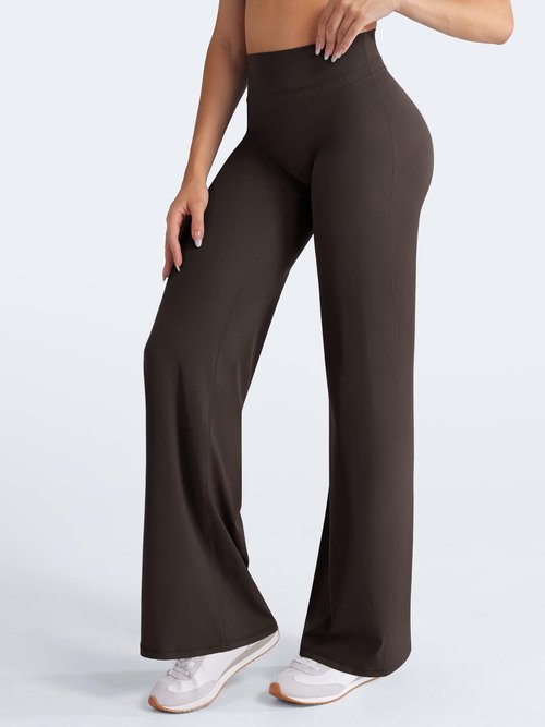 HIGORUN Straight Leggings Bottoms High Waisted No Front Seam Workout Leggings for Women 31" Wide Leg Casual Gym Yoga Pants Dark Brown