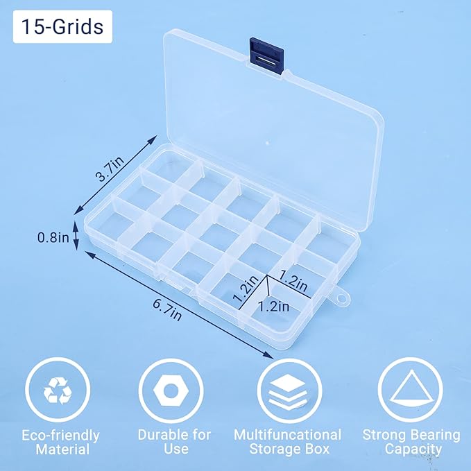 Rhinestone Organizer Storage Box, 4PCS 15-Grid Small Clear Plastic Jewelry Case, Empty Container Dividers for Nail Art Craft Accessory, Display Holder for Fishing Tackle, Bead, Charms, Sewing