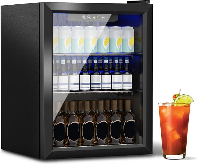 Stopasd Compact Beverage Refrigerator, 1.6 Cu.Ft/70 Can Drink Fridge, with Glass Door, Adjustable Shelves & Digital Display, Quiet Undercounter Small Fridge for Home/Office/Bar/Garage, Black