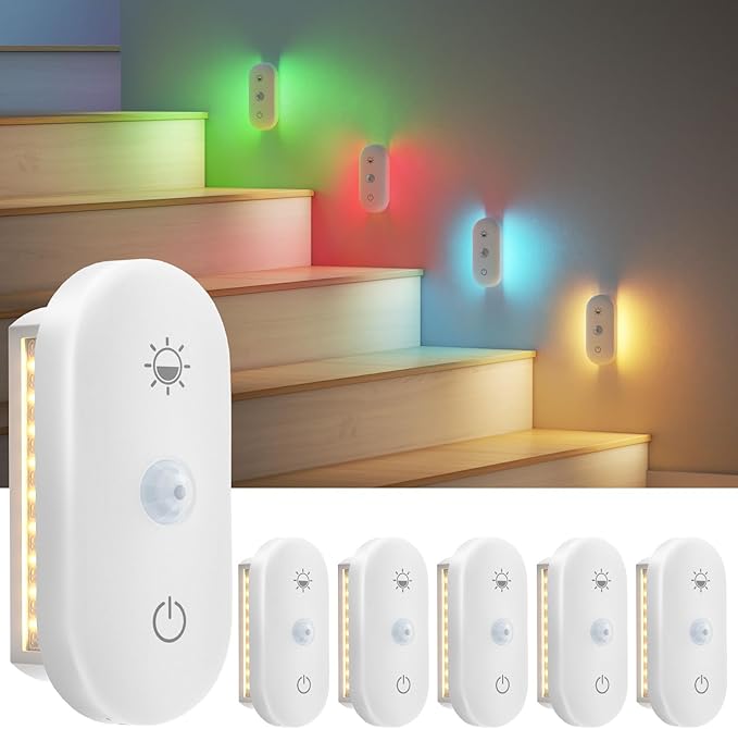 Rechargeable Night Light for Stair: Motion Sensor with 1800mAh Battery for 90-Nights Navigation - 3000K+RGB for Hallway Stair Safety 6-Pack