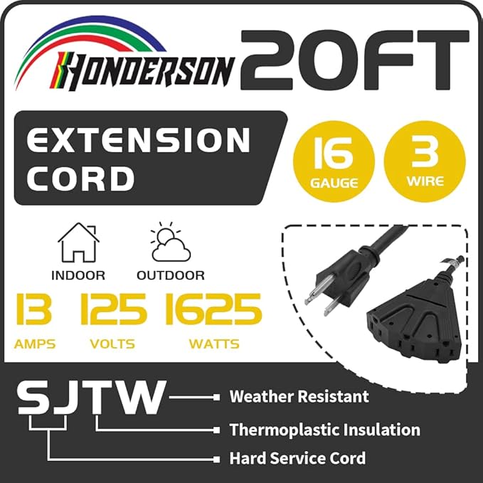 3-Outlets Indoor Outdoor Extension Cord Weatherproof, UL Certified, 16 Gauge 20FT Black 3 Prong Heavy Duty, 16/3 SJTW 13A Power Cord