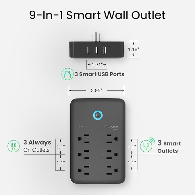 GHome Smart Power Strip, 1800W/15A High Power Devices Support Surge Protector Extension Cord, 9 in 1 Smart Plugs that Works with Alexa Google Home, 2.4 GHz WiFi Wall Outlet Extender, No Hub Needed