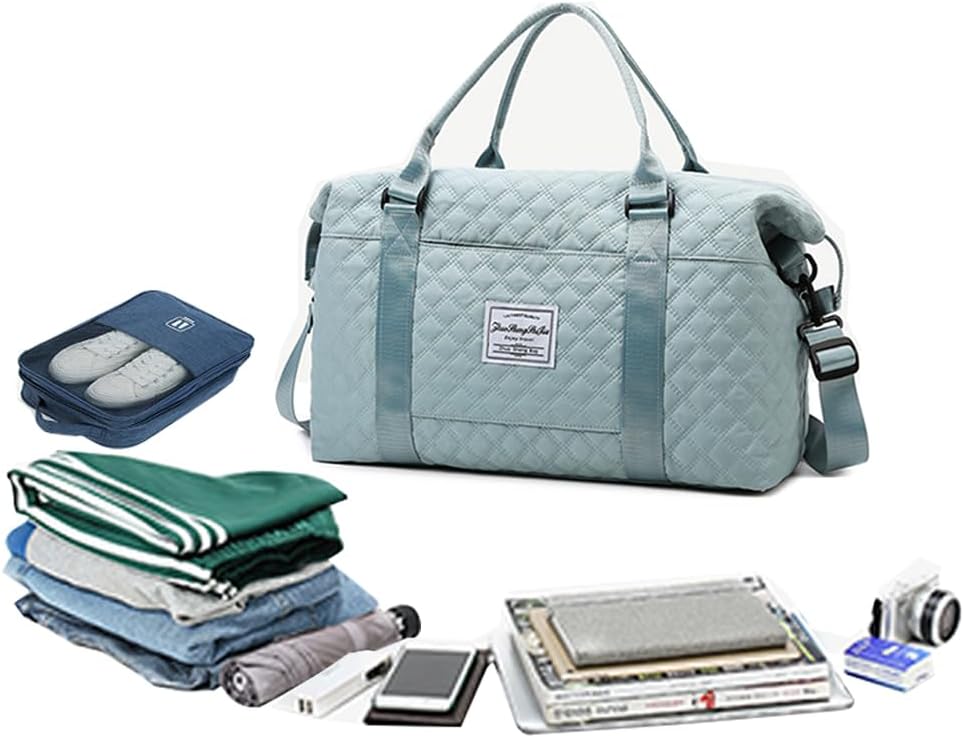 Skiennix Quilted Travel Bag - Stylish Overnight Gym Tote | Blue Duffel for Women