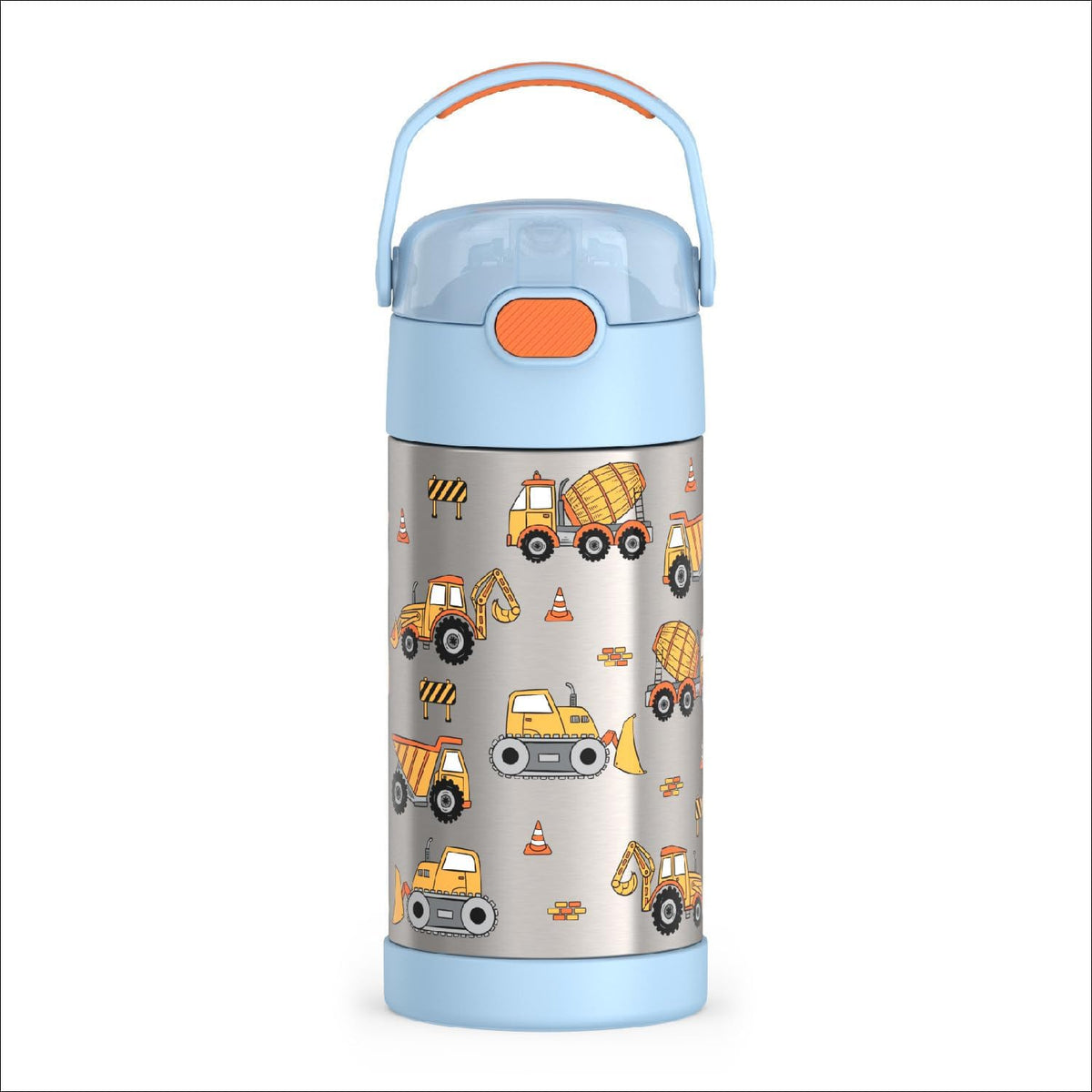 THERMOS FUNTAINER Water Bottle - 12 Ounce Stainless Steel Vacuum Insulated with Straw | Kids Construction Design