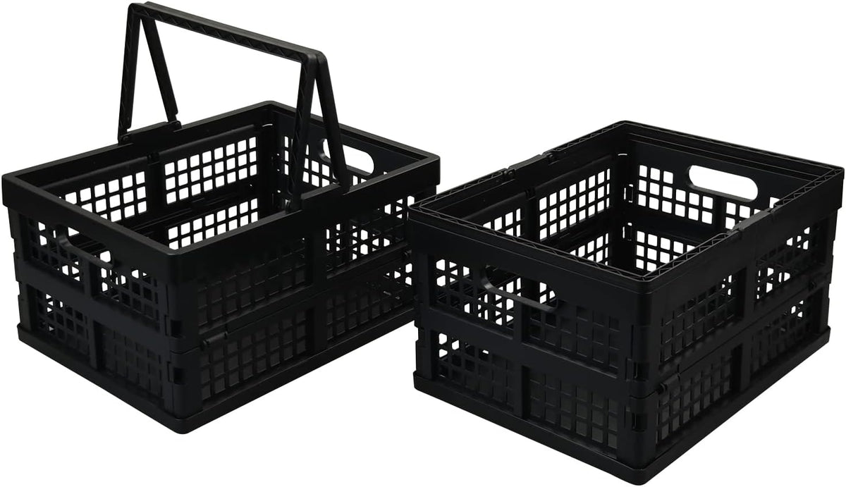 Collapsible Folding Storage Crates 2-Pack, 15L Stackable | Plastic Utility Bins with Handles, Space-Saving Fold-Flat Design, Heavy-Duty Black Crates for Home, Car, Camping