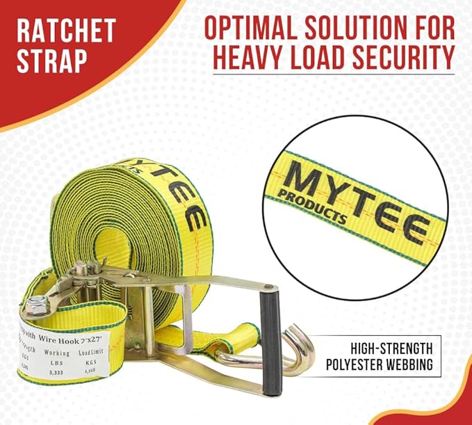 Mytee Products 2 Pack 2" x 27' Ratchet Straps with Wire Hooks 10,000 lbs Breaking Strength - Heavy Duty Cargo Tie Down Straps for Truck, Trailers, Moving Appliances, Motorcycles & Flatbed Loads