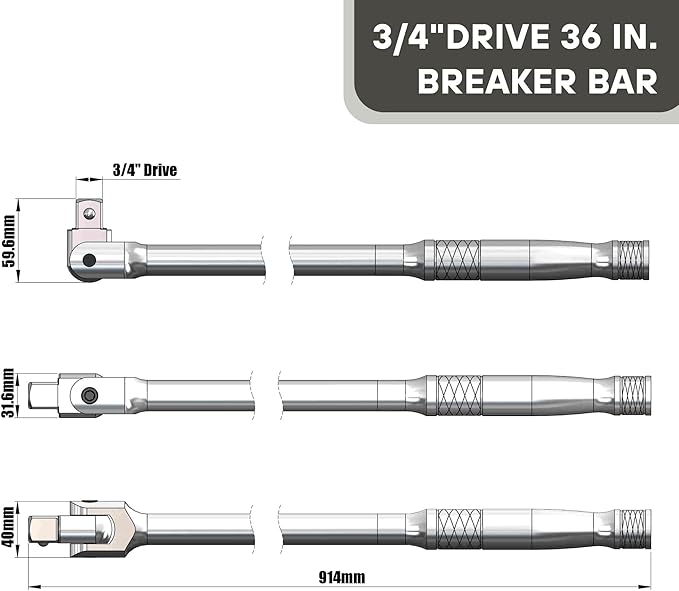 3/4” Drive 36-inch Breaker Bar with 180° Flex Head | High Alloy Steel Heavy-Duty Long Handle Torque Bar for Truck, Industrial, and Construction Applications