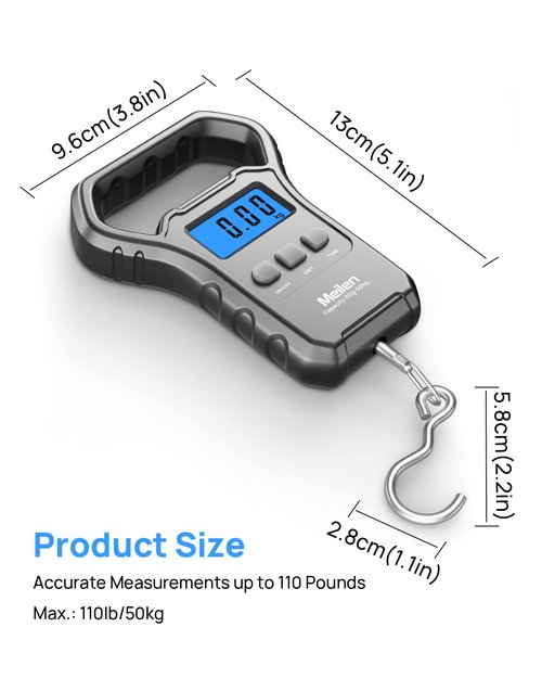 Meilen Fishing Scale - 110lb/50kg Digital Luggage Weigh Scale with Backlit LCD Display | Ideal for Travel & Fishing