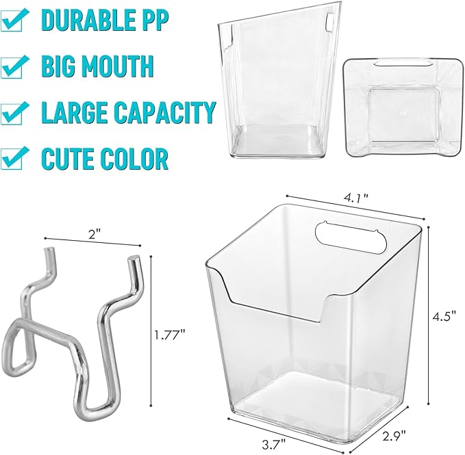 G.CORE Large Pegboard Cups Peg Board Storage Bin 6 Pack with Hooks, Square Box Shape Pegboard Cup Holder Accessories for Garage Workbench/Craft Room/Office/Playroom/Home Kitchen Organization (Clear)