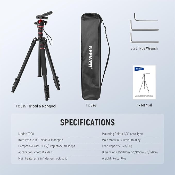 NEEWER Basics Camera Tripod Monopod, 360° Ball Head, Arca Type QR Plate