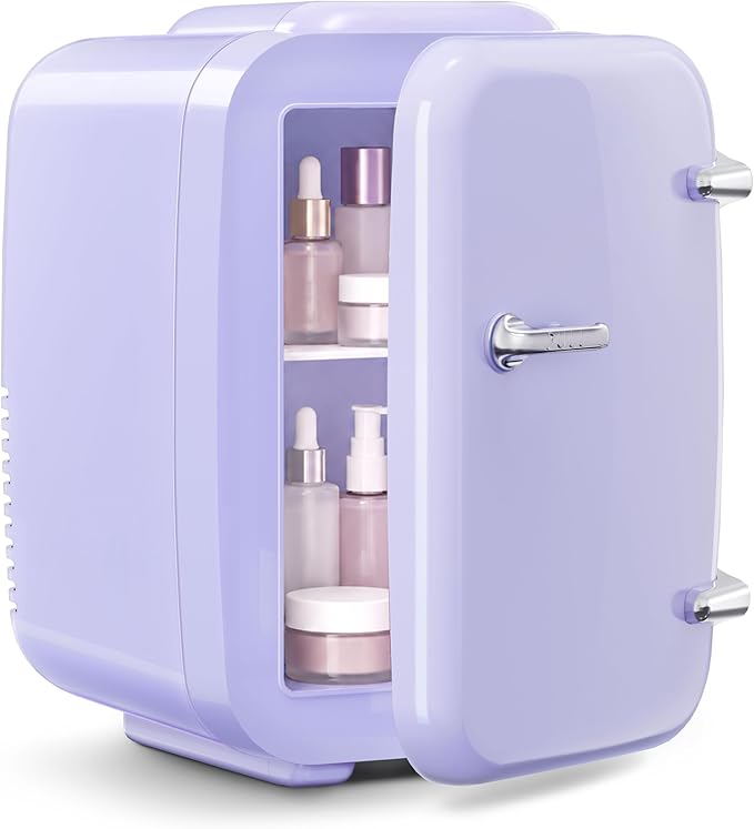 OSTBA Mini Fridge, 4 Liter/6 Can Mini Makeup Fridge, 110V AC/ 12V DC Portable Thermoelectric Cooler&Warmer for Skincare, Drink, Cosmetic, Medicine, Small fridge for Bedroom, Office, Dorm, Car, Purple