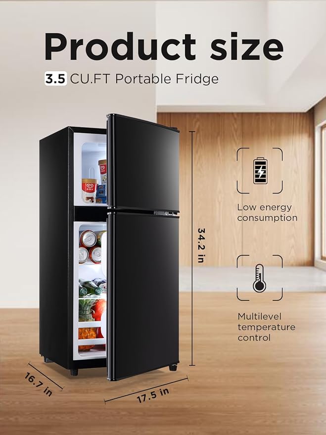 F.W.WOOLWORTHS 3.5 Cu.Ft Refrigerator with Freezer | Compact Fridge with 2 Doors for Office, Kitchen, Dorm and Bedroom, 7 Level Temp Adjustable Thermostat, Black