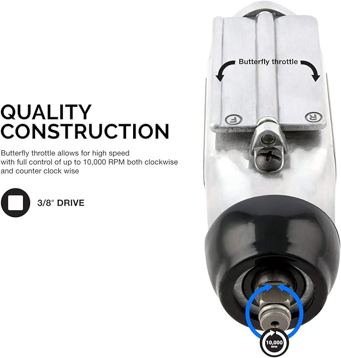 Neiko 30088A 3/8" Drive Butterfly Impact Wrench, 75 Foot/Pound High Power Outlet Air Wrench, 10,000 RPM Pneumatic Impact Wrench, 1/4” Air Inlet 3/8” Air Hose Size Pneumatic Tool for Mechanics