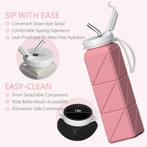 Beautail Collapsible Water Bottle - 20.6oz Silicone Portable Design | BPA-Free & Leakproof (Pink)