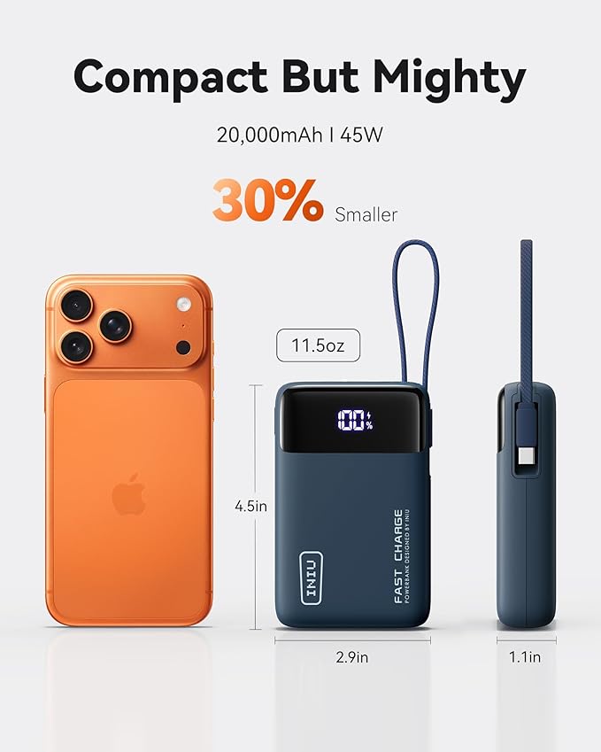 INIU 20000mAh Power Bank, Small Portable Charger, 45W PD Fast Charging Battery Pack with Build in USB-C Cable, Travel Phone Charger for iPhone 17 16 15 14 Air Samsung S25 S24 Google iPad Xiaomi, Blue