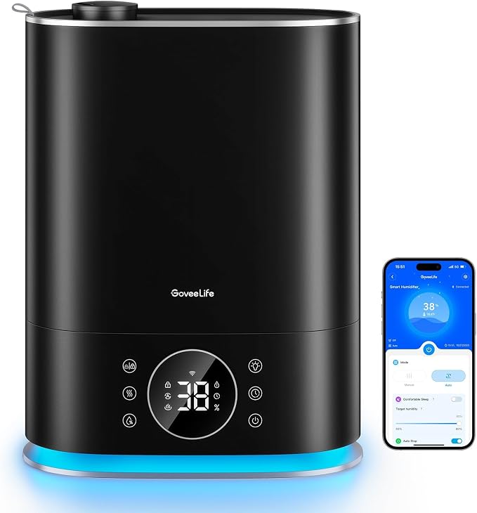 GoveeLife 7L Humidifiers for Bedroom, Smart Top-Fill Cool & Warm Mist Humidifier Large Room, Auto Mode, 70H Quiet Runtime for Baby Plants Nursery, App & Voice Control, RGB Nightlight, Humidity Sensor