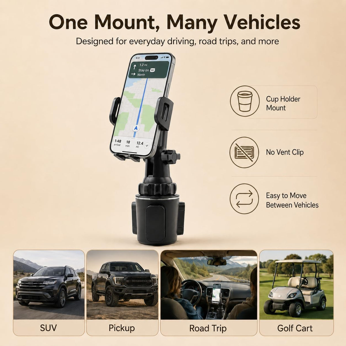 Car Cup Holder Phone Mount, Long Neck for iPhone, Samsung and Google Pixel