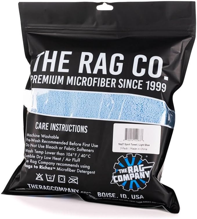 The Rag Company - Sport & Workout Towel - Gym, Exercise, Fitness, Spa, Ultra Soft, Super Absorbent, Fast Drying Premium Microfiber, 320gsm, 16in x 27in (3-Pack) (Light Blue)