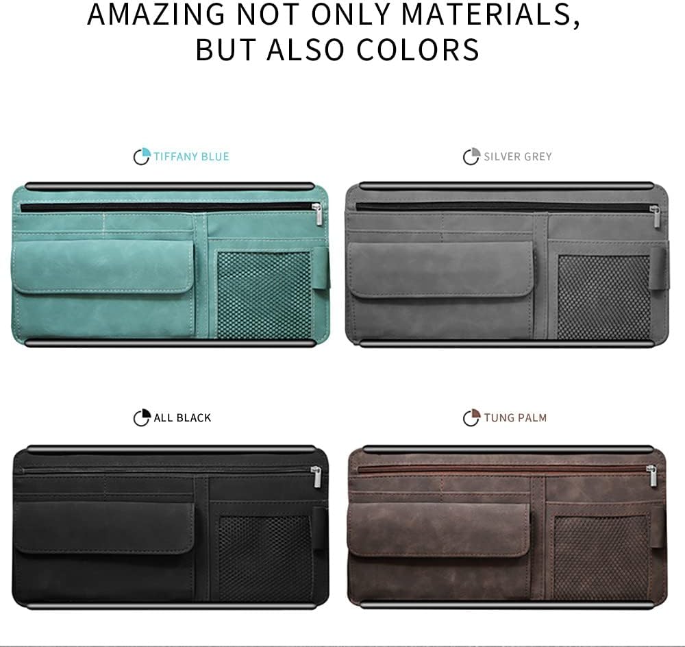 Car Sun Visor Organizer - Glasses Case, Note Holder, Suede Zipper, Card Holder - Gray