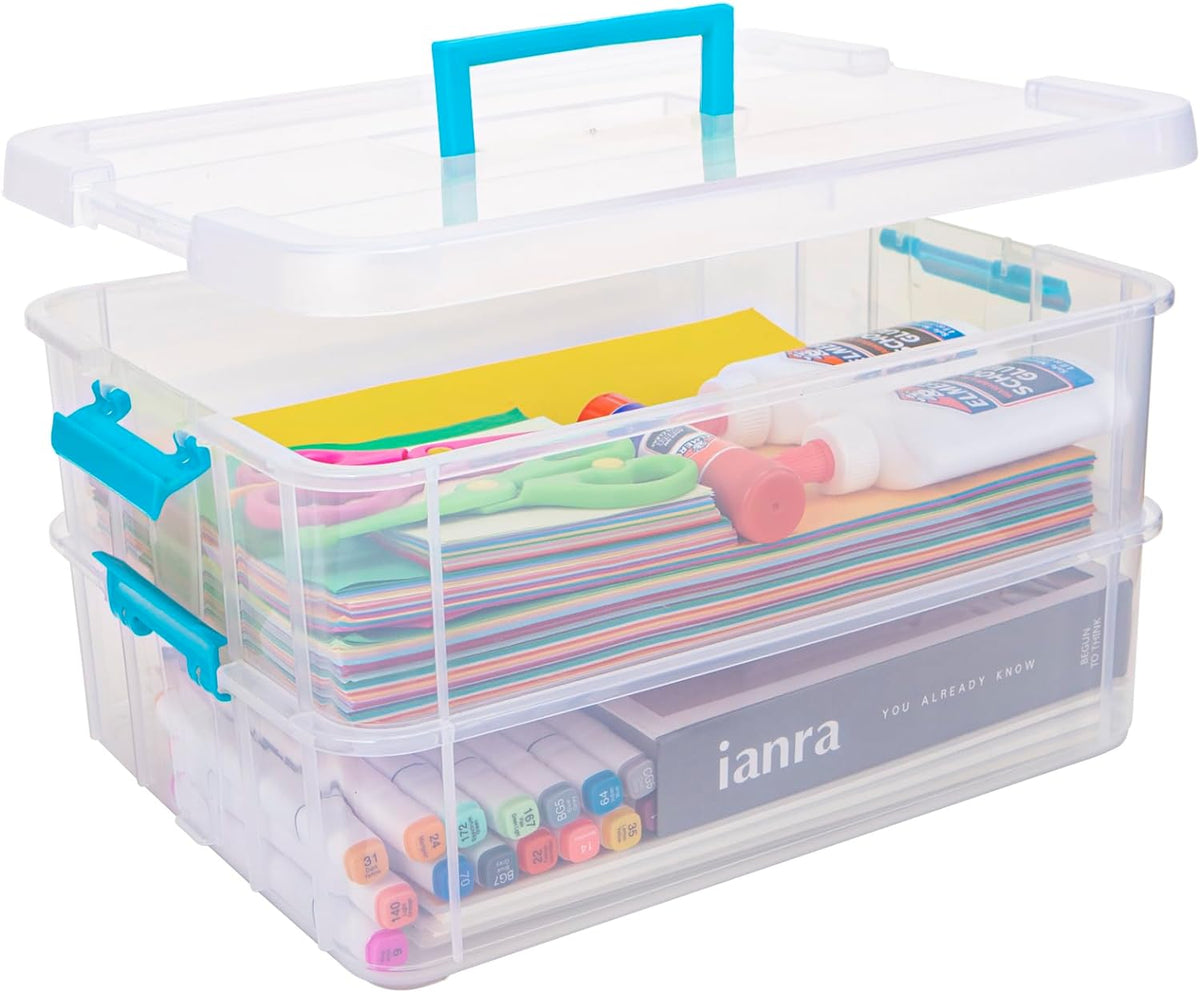 TERGOO 2 Layer Plastic Storage Containers with Lids, Multipurpose Clear Stack & Carry Box, Portable Craft Organizers and Storage Bin for Organizing Art & Craft, Sewing, Makeup, Nail Supplies (Purple)