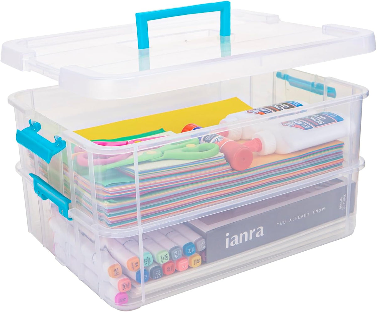 TERGOO 2 Layer Plastic Storage Containers with Lids, Multipurpose Clear Stack & Carry Box, Portable Craft Organizers and Storage Bin for Organizing Art & Craft, Sewing, Makeup, Nail Supplies (Green)