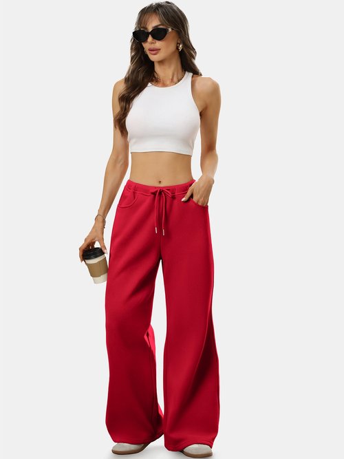 ELLEVEN Womens Wide Leg Fleece Lined Baggy Sweatpants Low Rise Elastic Waist Pockets Cotton Warm Lounge Thermal Pants Winter Fall Autumn 2026 Pants Mujer Athletic Gym Yoga Red Large