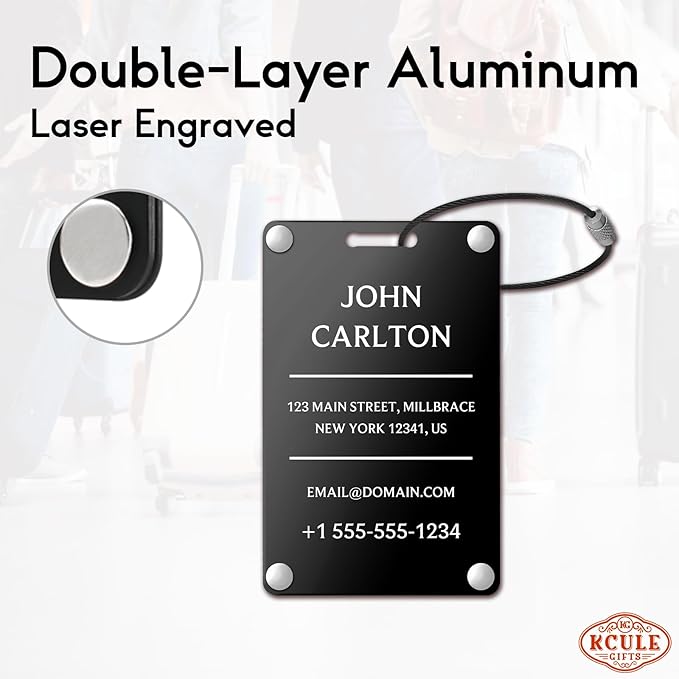Personalized Luggage Tags for Suitcases - Aluminum Custom Luggage Tags for Backpacks & Bags, Sturdy, Waterproof & Heavy Duty (Black/Card-Sized)