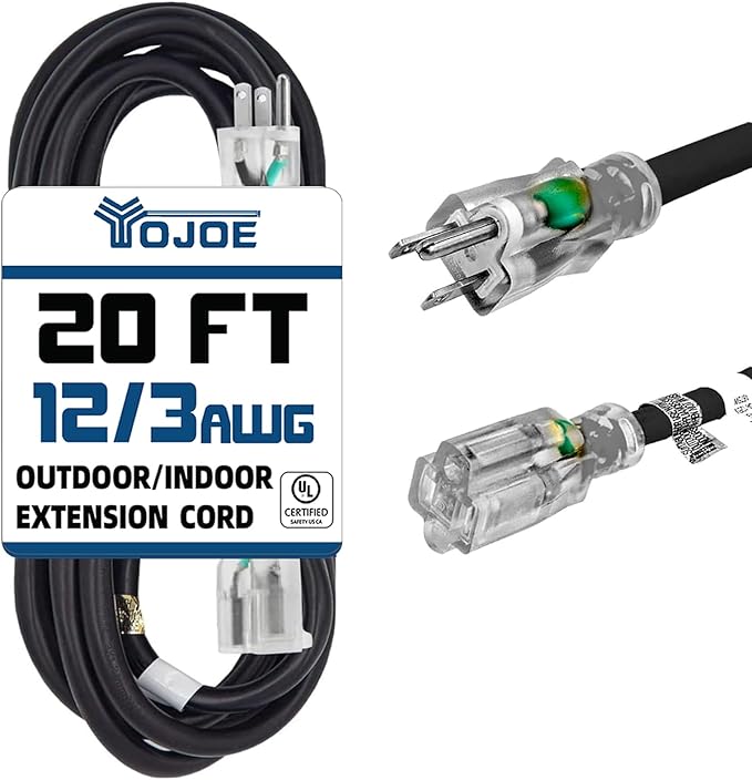 YOJOE Indoor Outdoor Extension Cord with Lighted End, 3 Prong 15A Weatherproof Power Cord, 12 Gauge Heavy Duty 20 ft Black Extension Cord for Garage, Garden and Home, 12/3 SJTW UL Listed