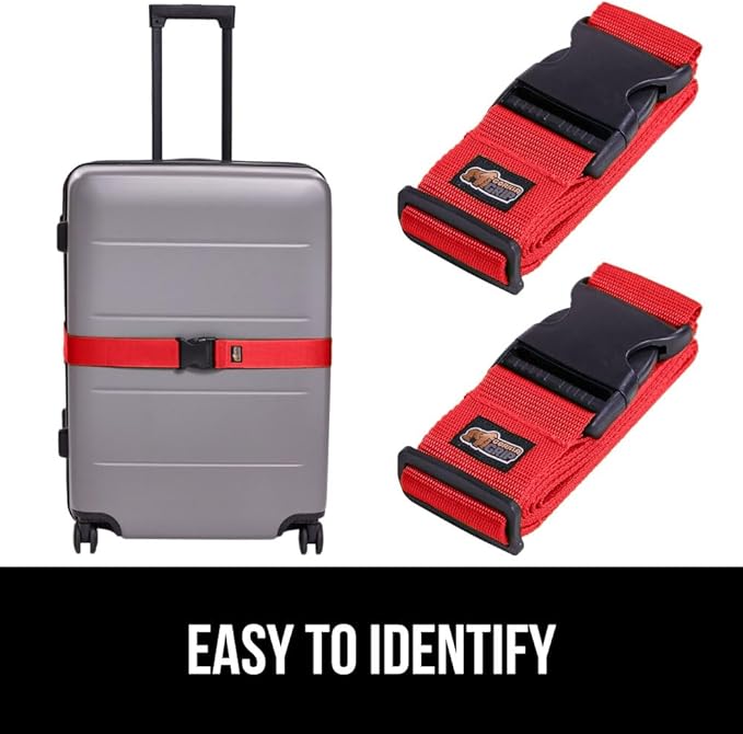 GORILLA GRIP Heavy Duty Adjustable Luggage Straps for Suitcases, Easy to Identify Travel Belt Connector Holds Suitcase Together, Extends Life of Bag, Strap Connects Two Bags, Accessories 2 Pack Red