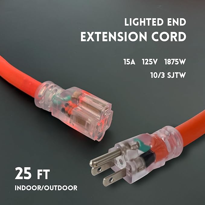 10 Gauge Heavy Duty Outdoor Extension Cord 25 FT, Waterproof Exterior Extension Cable with Lighted, 3 Prong Appliance Power Cord Outside, SJTW, 125 VAC, 15 Amp, 1875 Watts, Orange